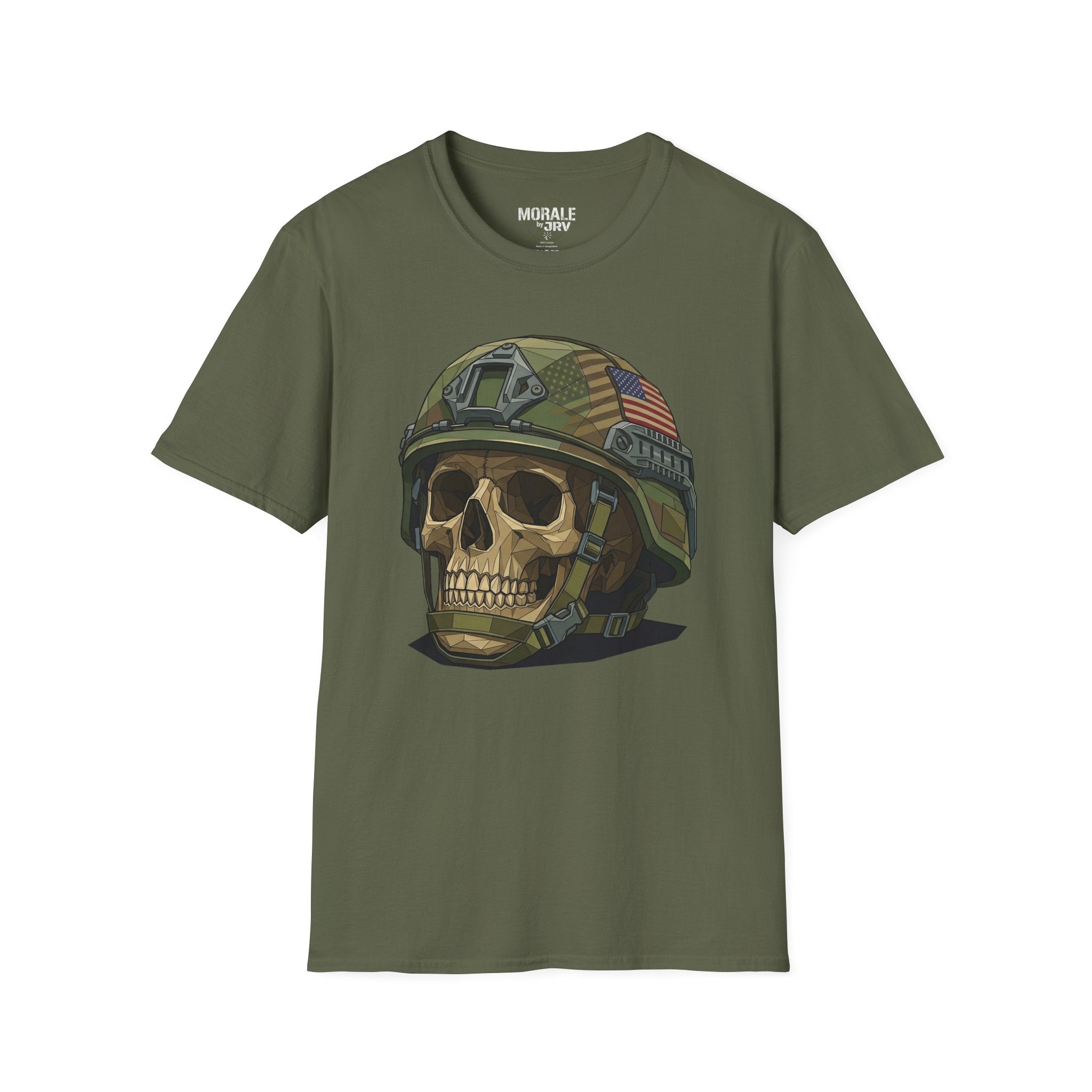 Military green T-shirt featuring camo helmet skull with American flag patch graphic