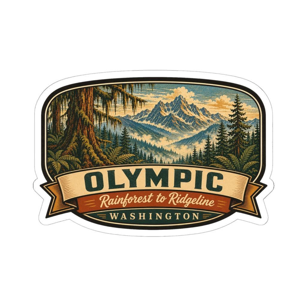 Rounded oval Olympic Washington sticker featuring rainforest to ridgeline text and mountain landscape