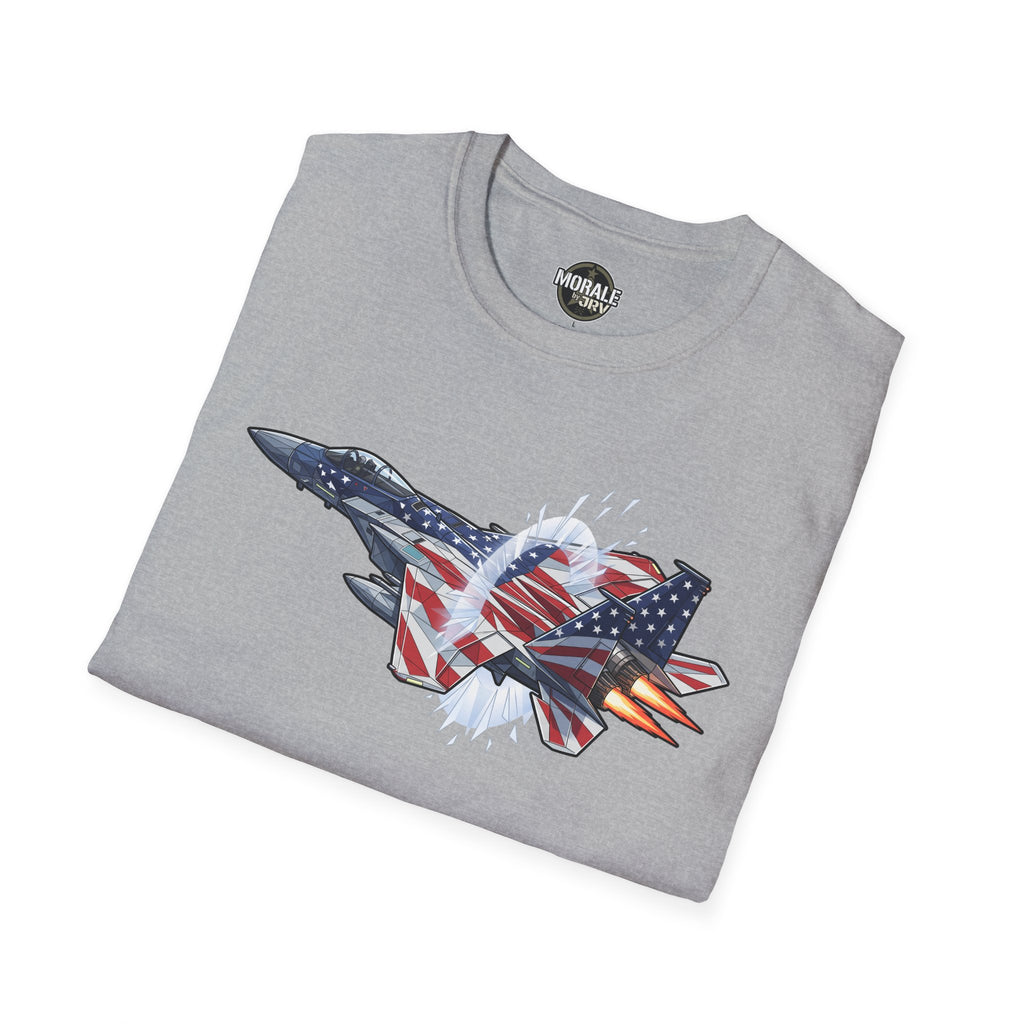 American flag fighter jet T-shirt (gray) with patriotic fighter jet graphic and bursts