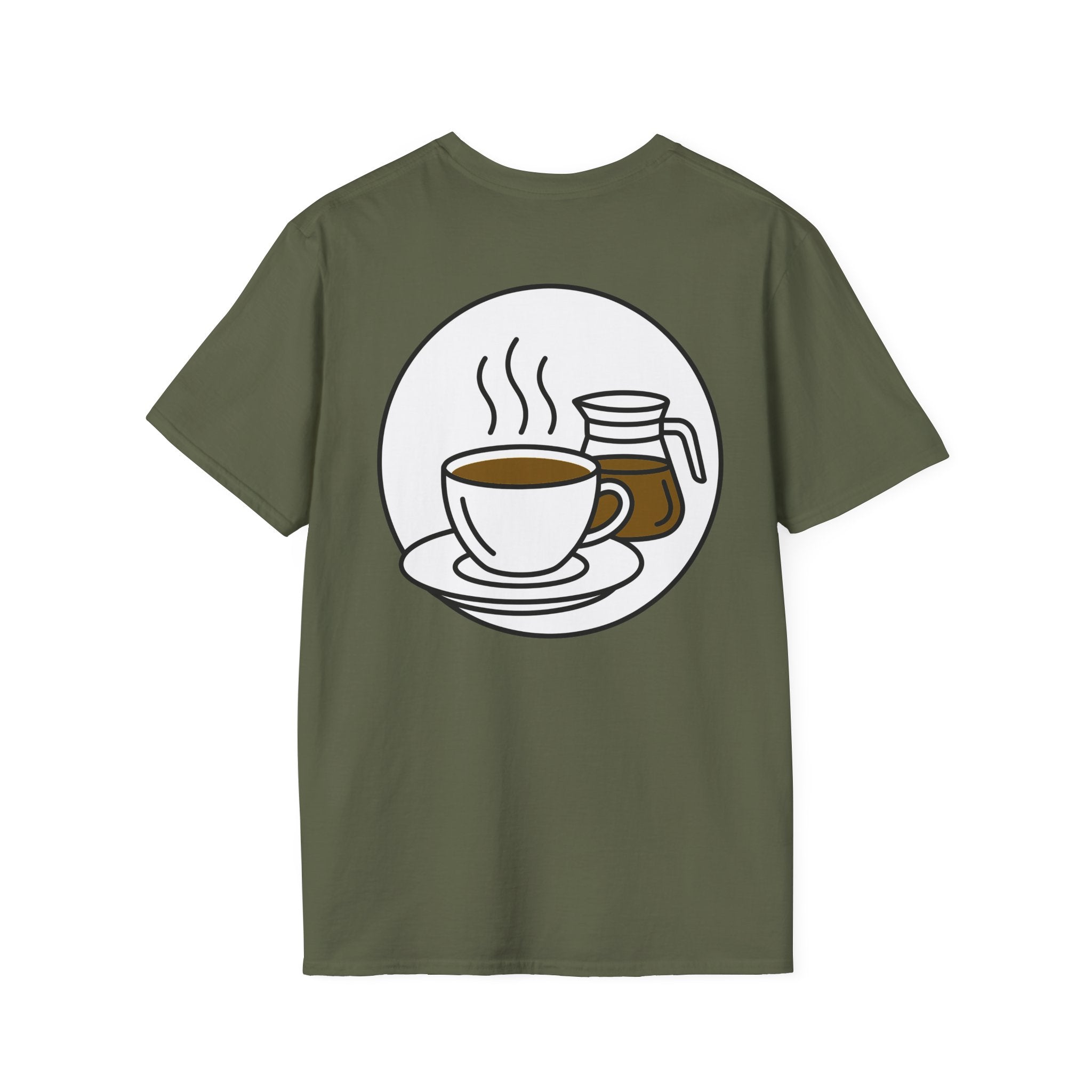 Olive green crew-neck T-shirt with coffee cup and jar graphic