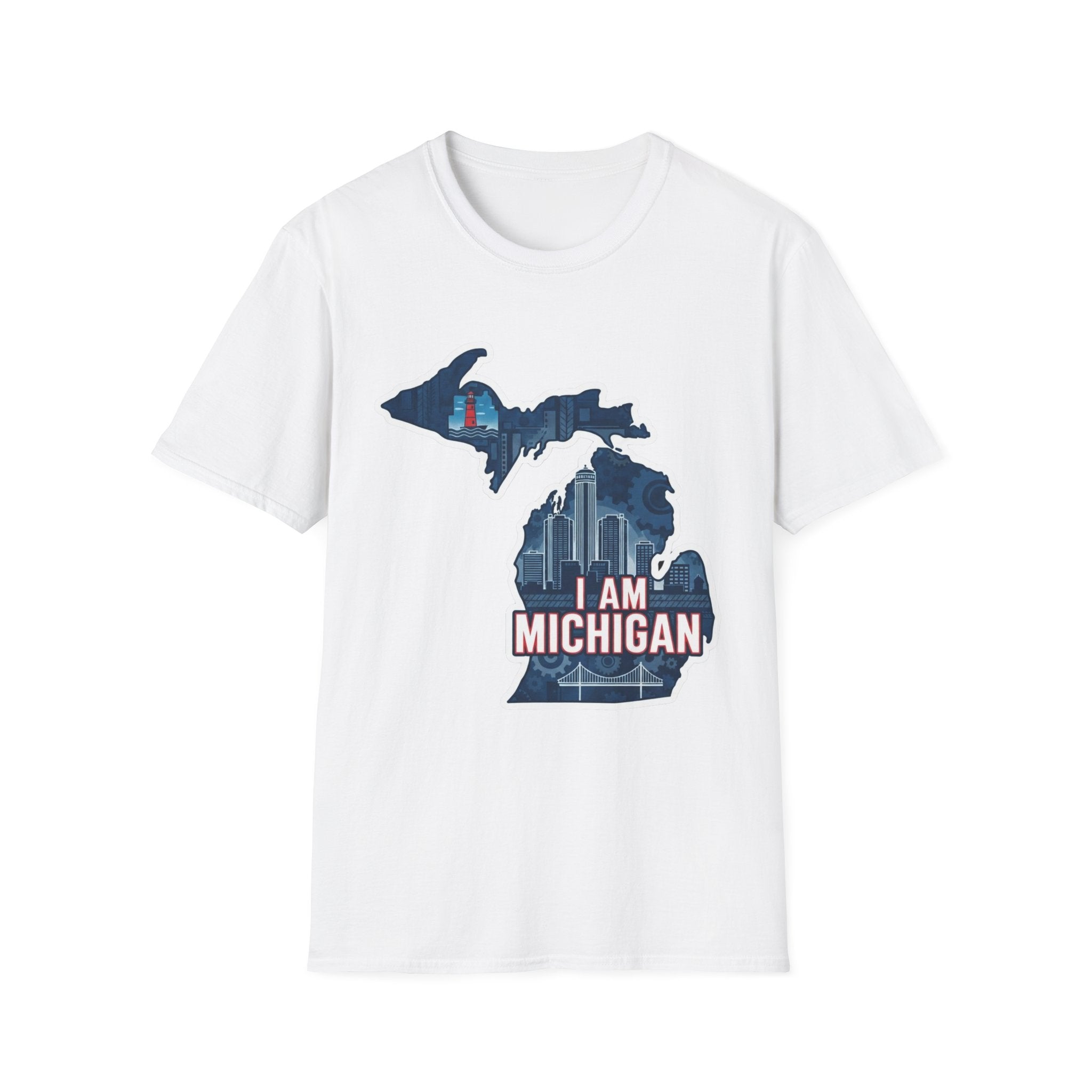 I Am Michigan T-shirt, white crew neck with Michigan map skyline graphic