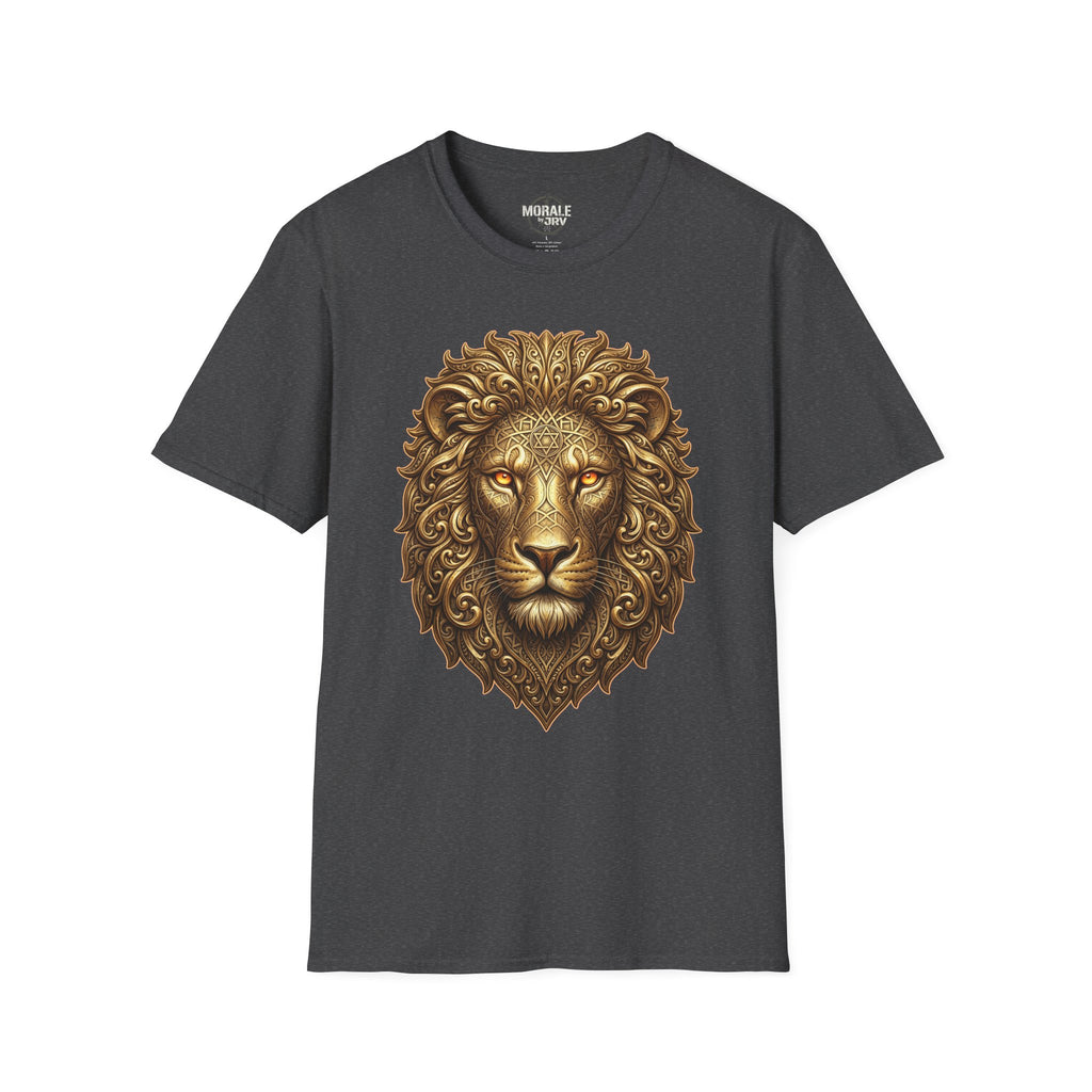 Ornate gold lion head t-shirt on dark heather fabric, vintage-style mane print