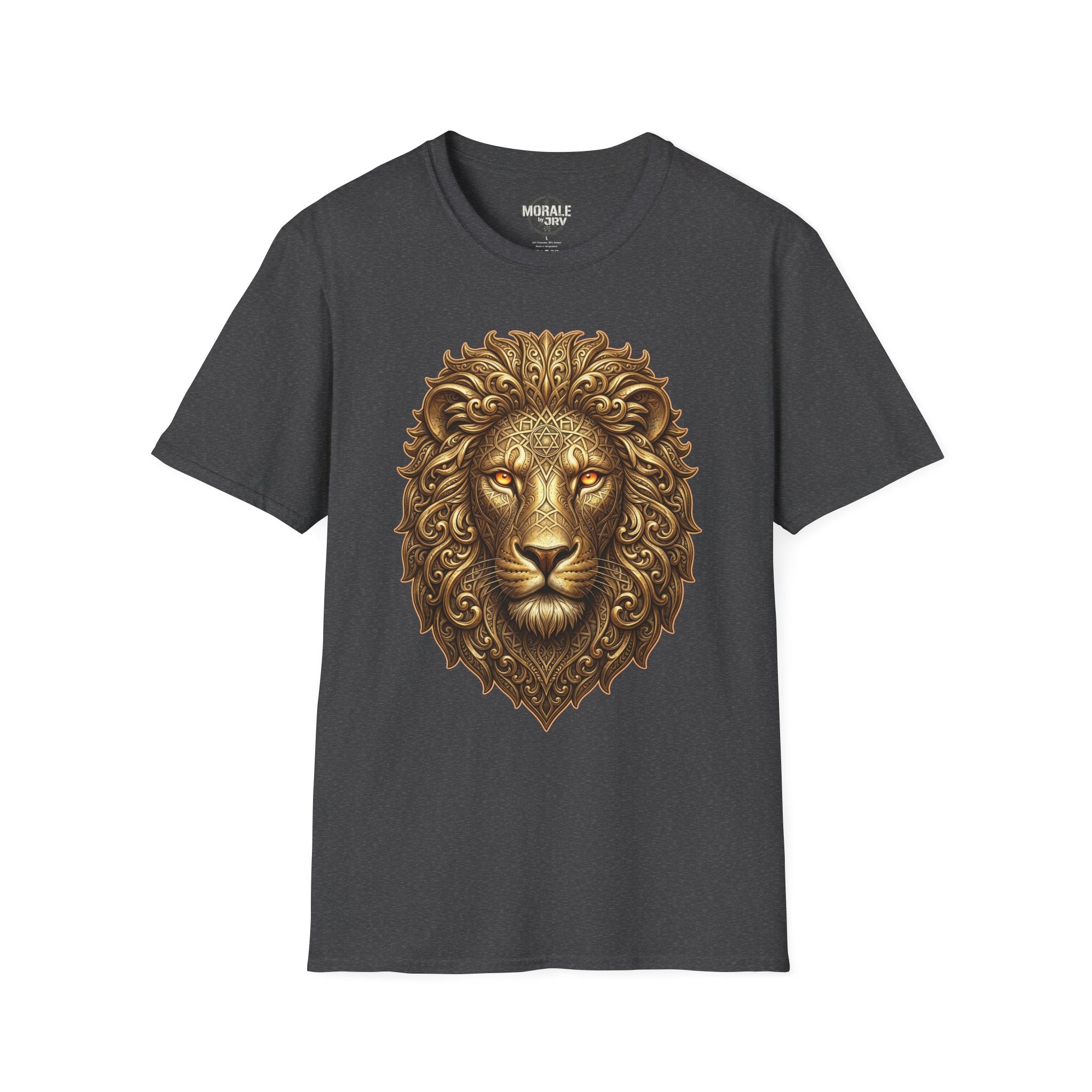 Ornate gold lion head t-shirt on dark heather fabric, vintage-style mane print
