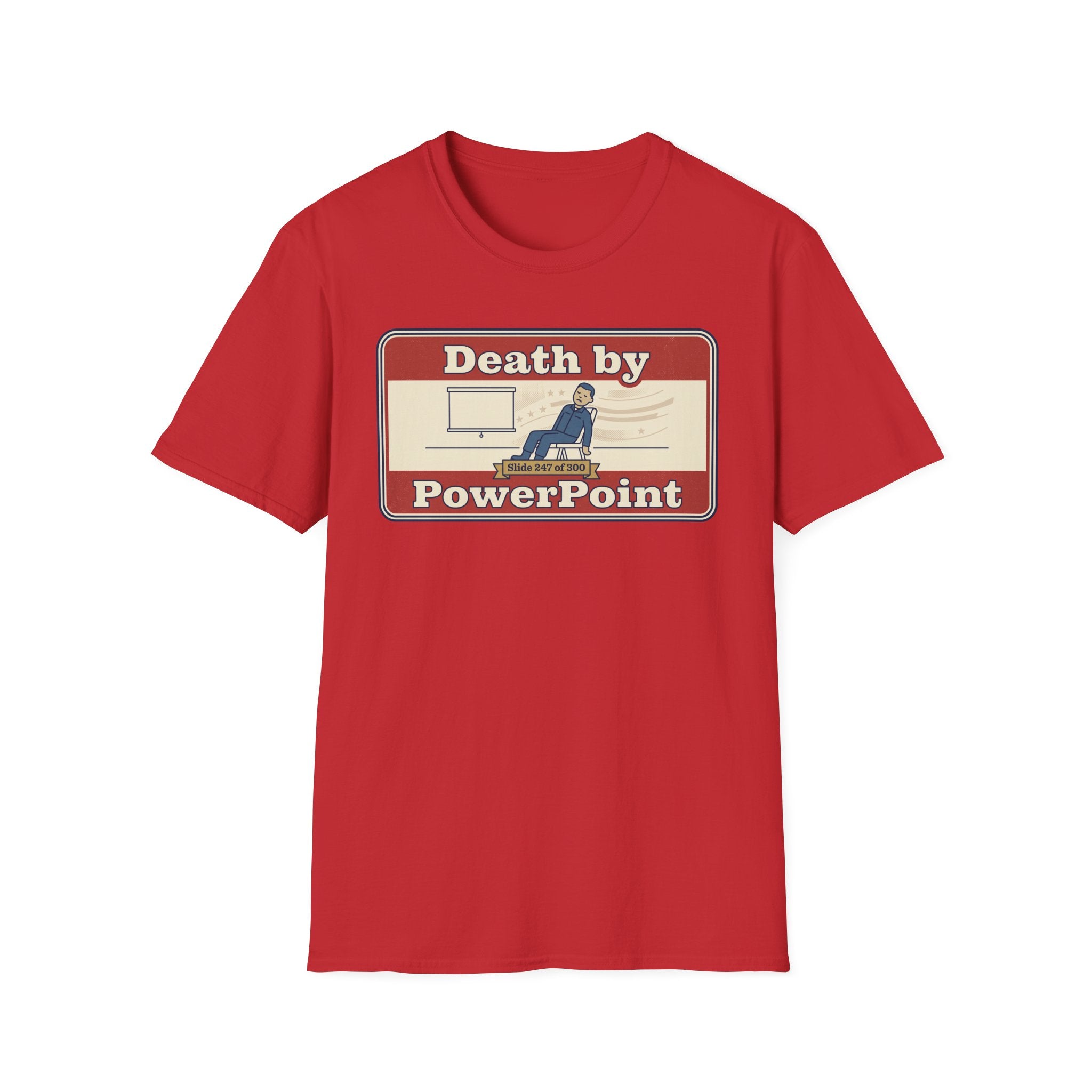 Red T-shirt with 'Death by PowerPoint' presentation graphic, crew neck.