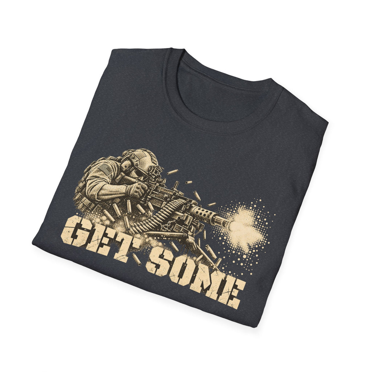 Black crewneck T-shirt with vintage soldier and machine gun graphic in gold and white