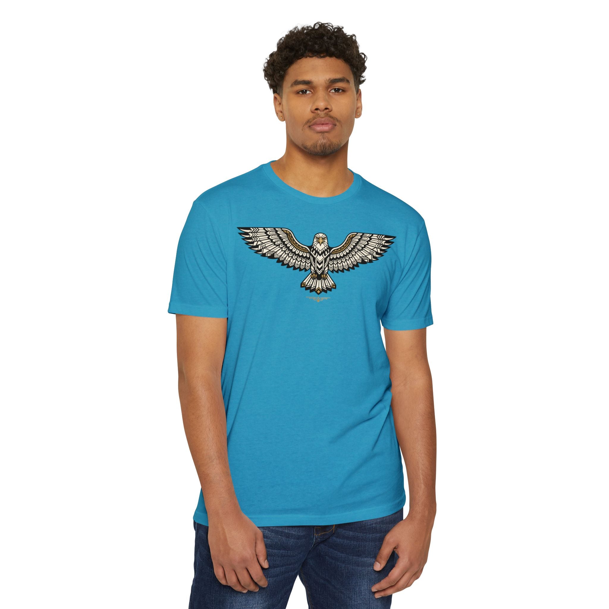 Sky blue crewneck T-shirt with soaring owl graphic on front