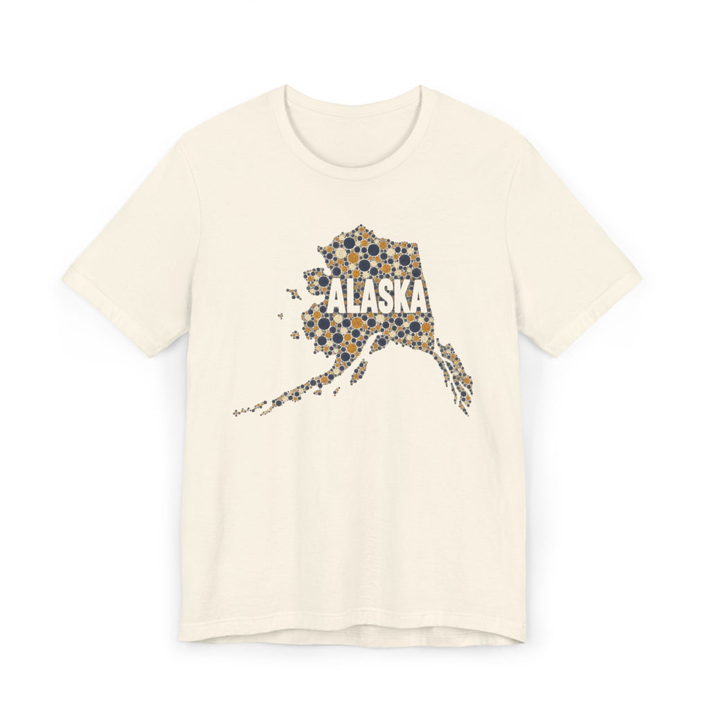 Natural off-white Alaska state outline graphic T-shirt with dotted map and “Alaska” text