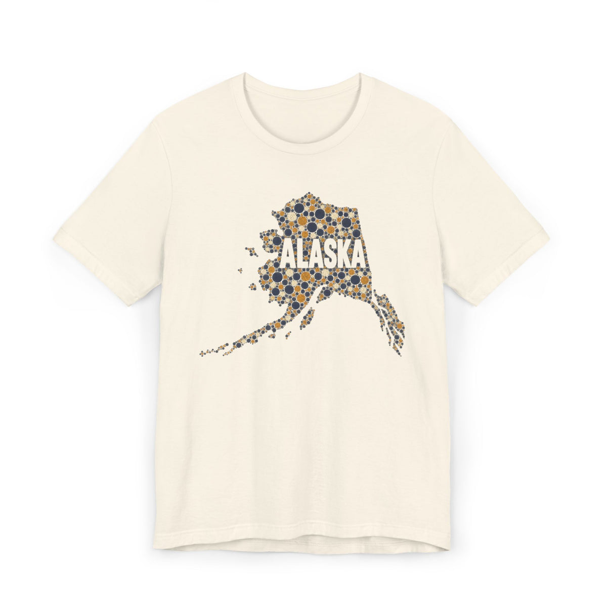 Natural off-white Alaska state outline graphic T-shirt with dotted map and “Alaska” text