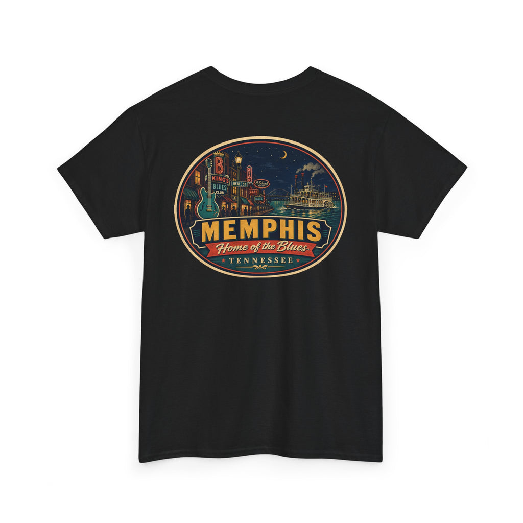 Black crewneck T-shirt with Memphis luggage-tag skyline graphic logo