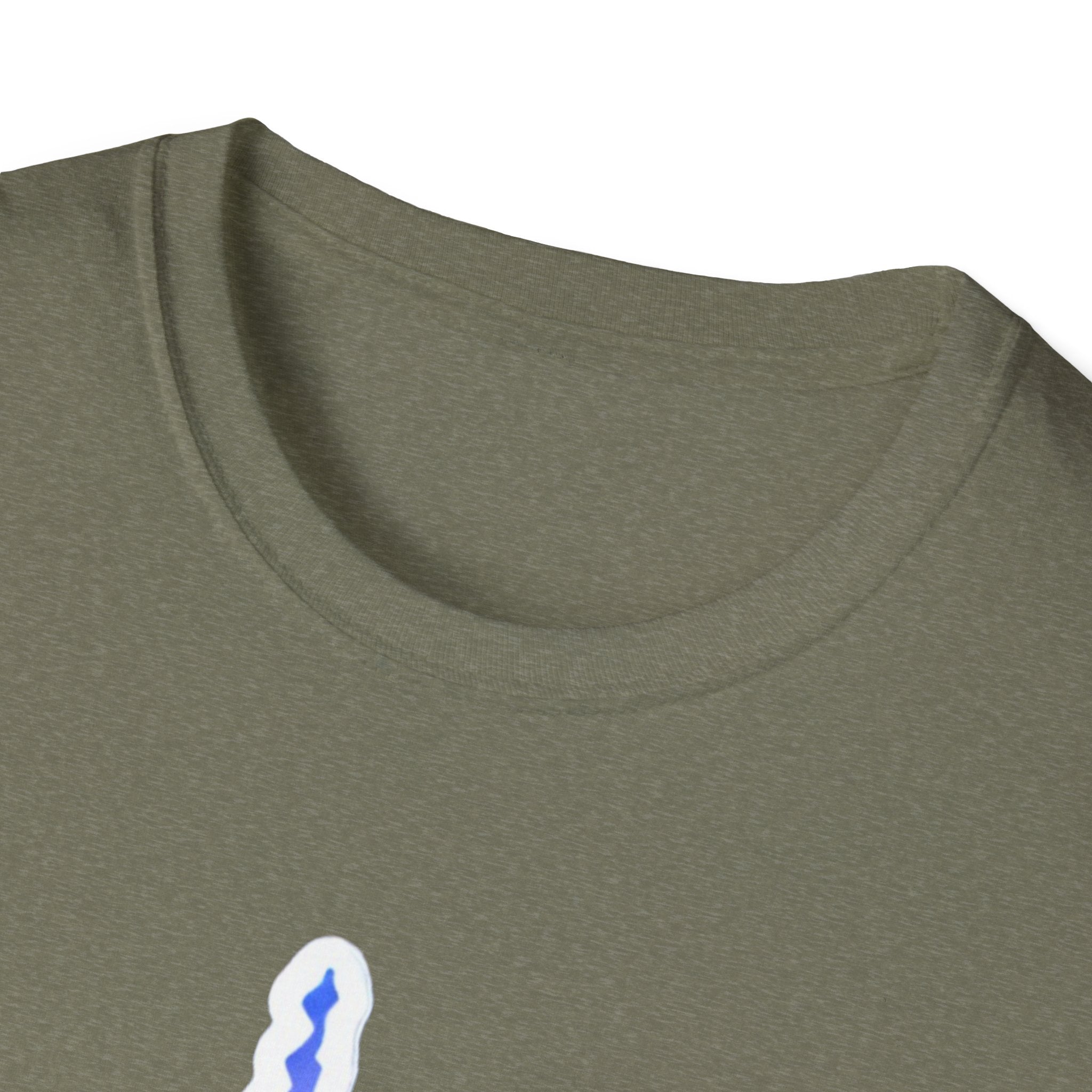 Olive crew-neck T-shirt, close view of neckline