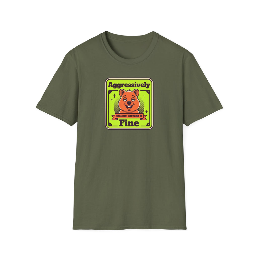 Olive green T-shirt with framed cartoon bear graphic in neon colors