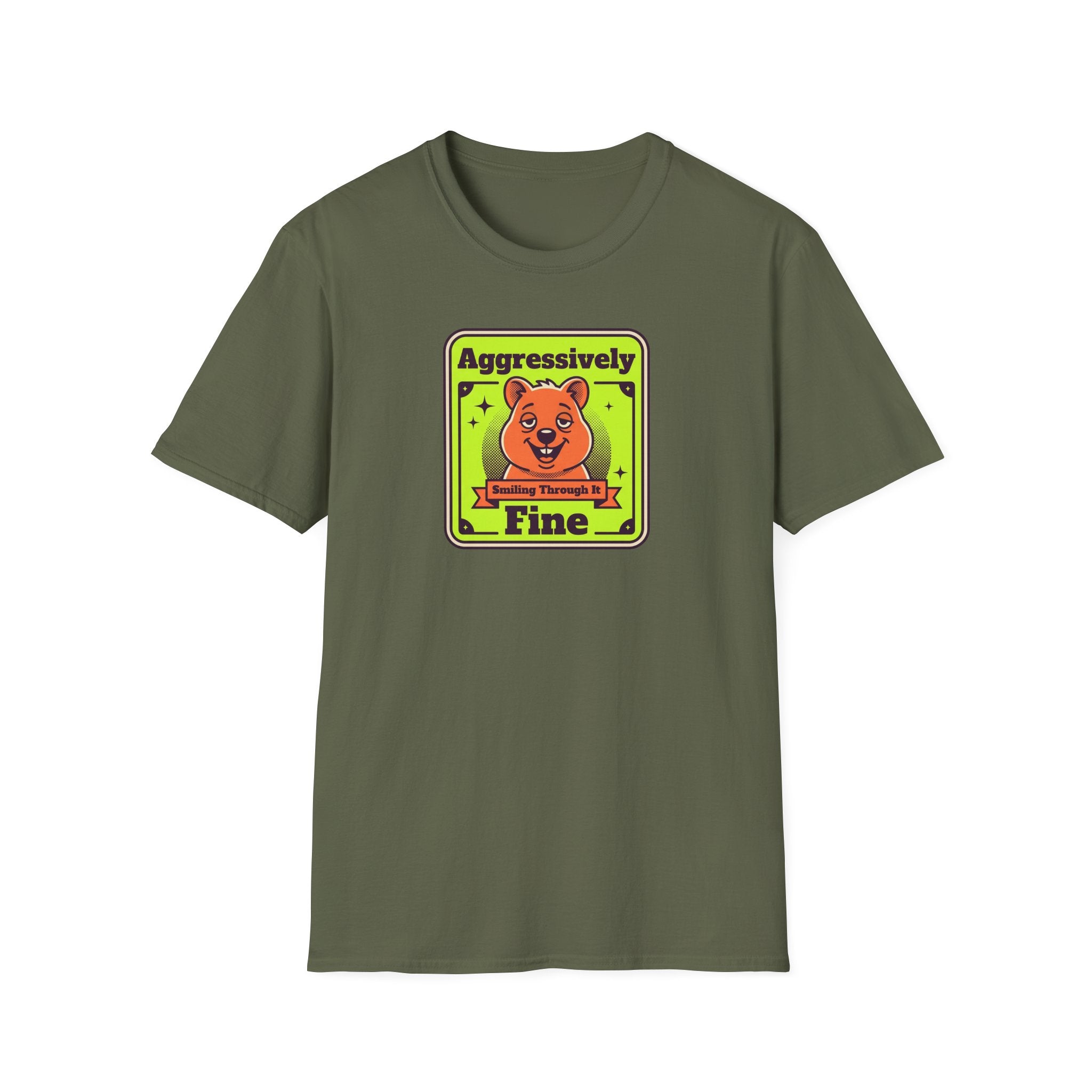Olive green T-shirt with framed cartoon bear graphic in neon colors