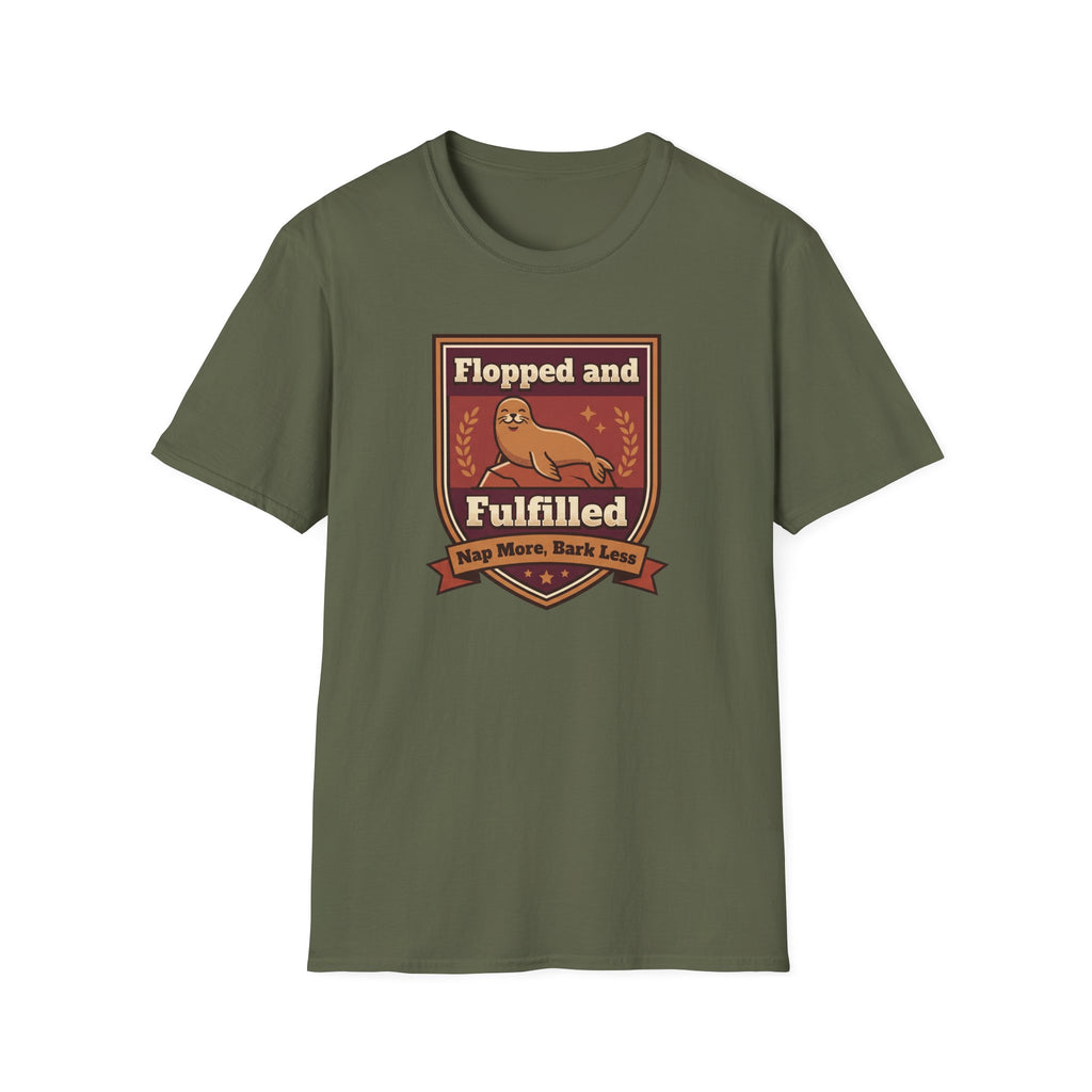 Olive green T-shirt flat lay with front seal logo print