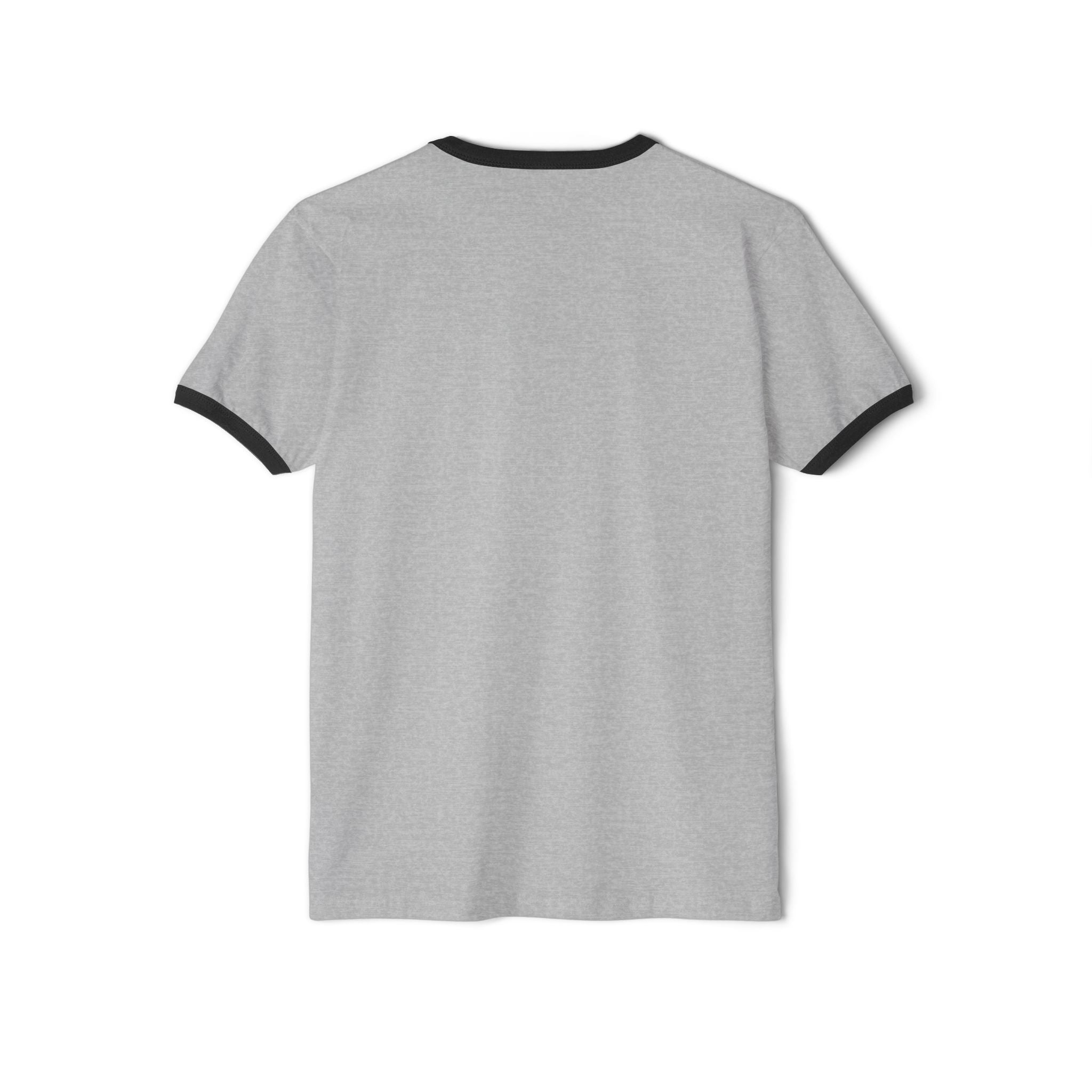 Heather grey ringer T-shirt back view with black neck and sleeve trim