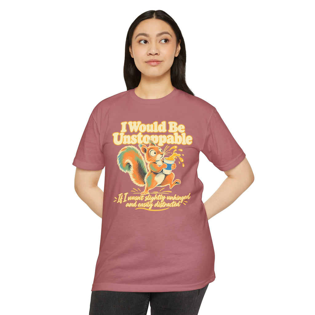 Maroon T-shirt with colorful squirrel graphic and slogan text on the front