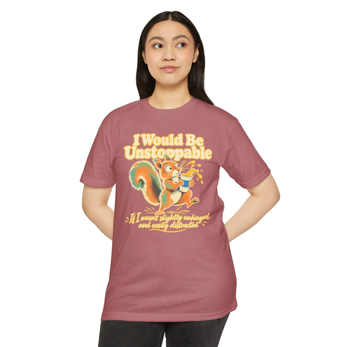 Maroon T-shirt with colorful squirrel graphic and slogan text on the front