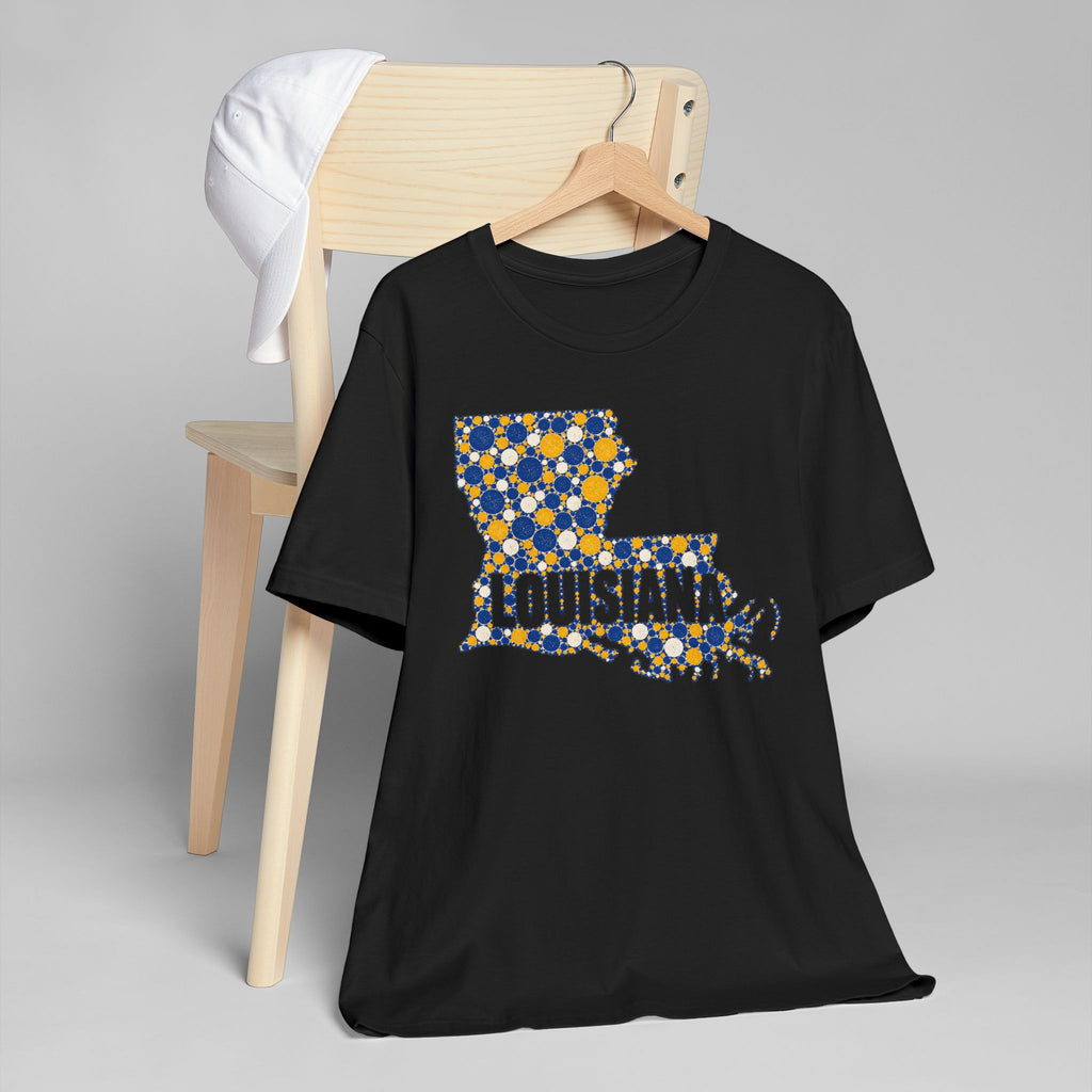 Louisiana State Shape Floral T-Shirt | Blue and Gold Louisiana Outline Graphic Tee