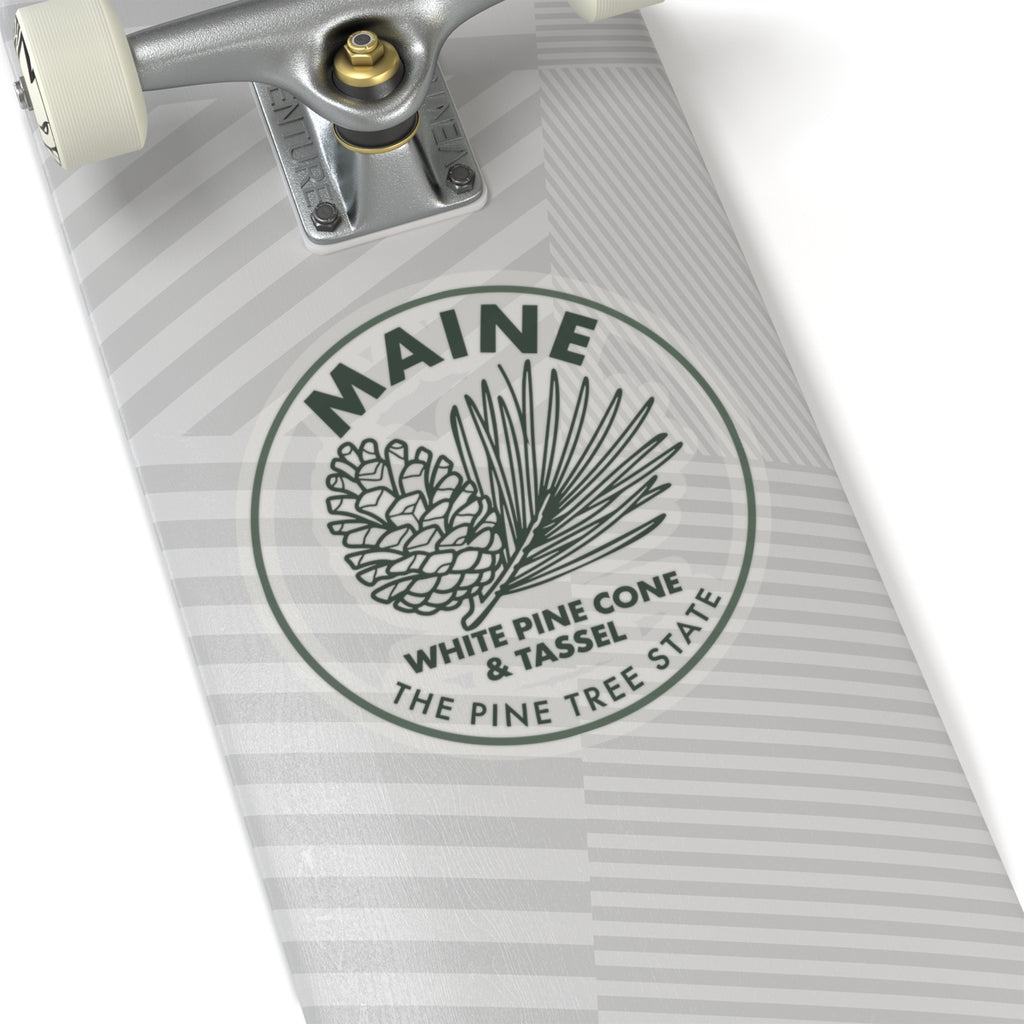 Maine circular white pine cone & tassel sticker on transparent vinyl decal