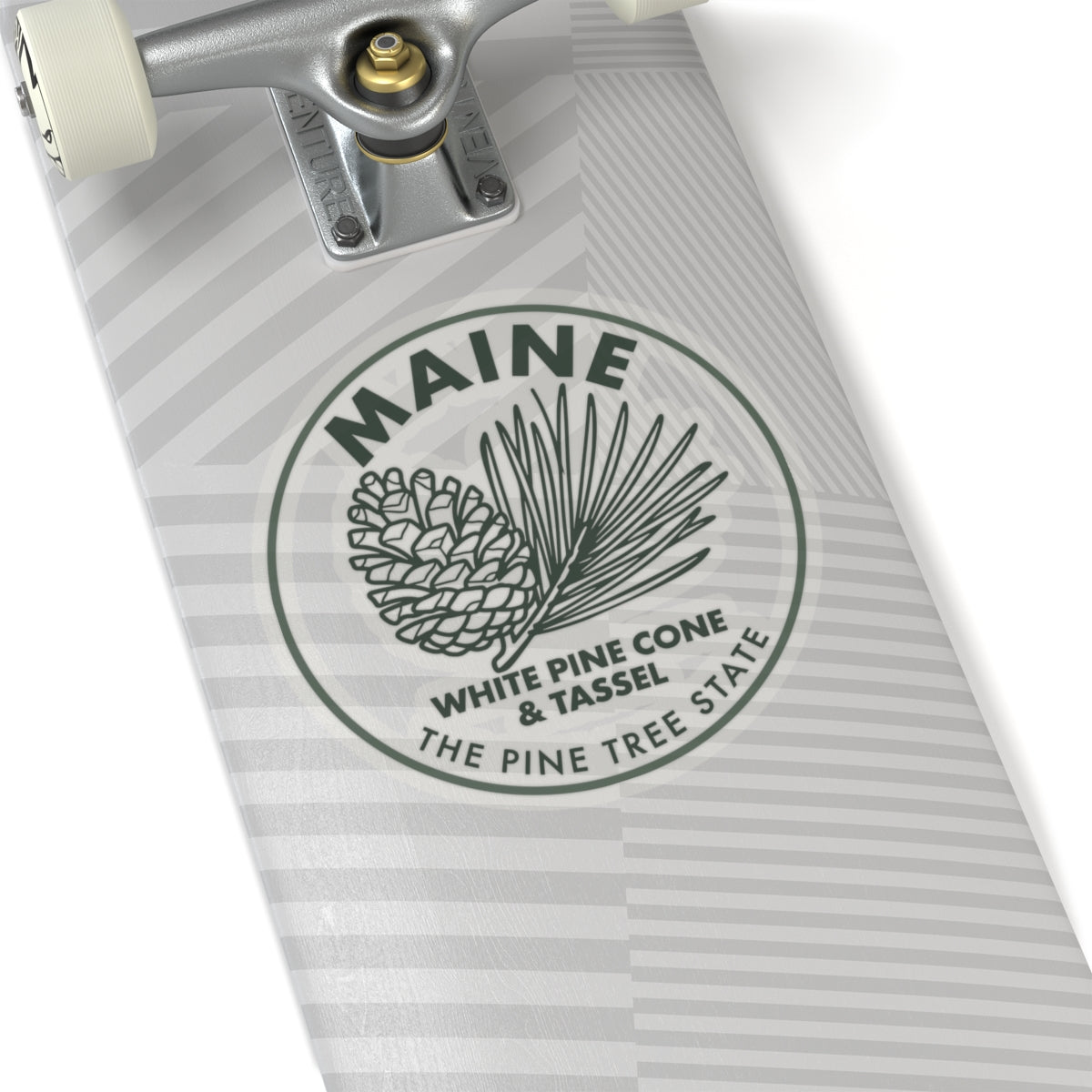 Maine circular white pine cone & tassel sticker on transparent vinyl decal