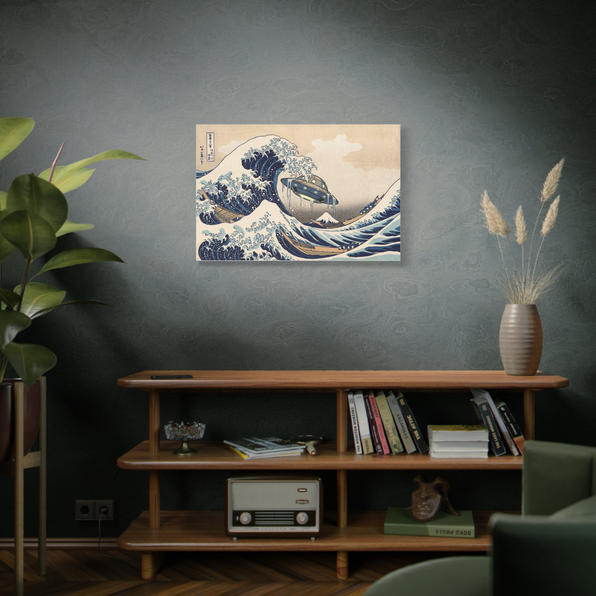 Stretched canvas wall art featuring blue ocean waves and UFO ship illustration