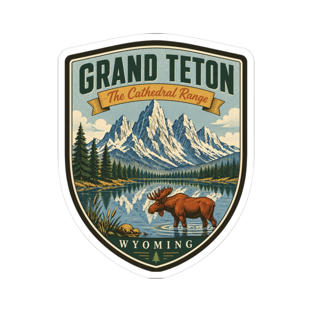 Shield-shaped travel sticker with moose, mountain peaks, lake scene, and Wyoming text, white border.