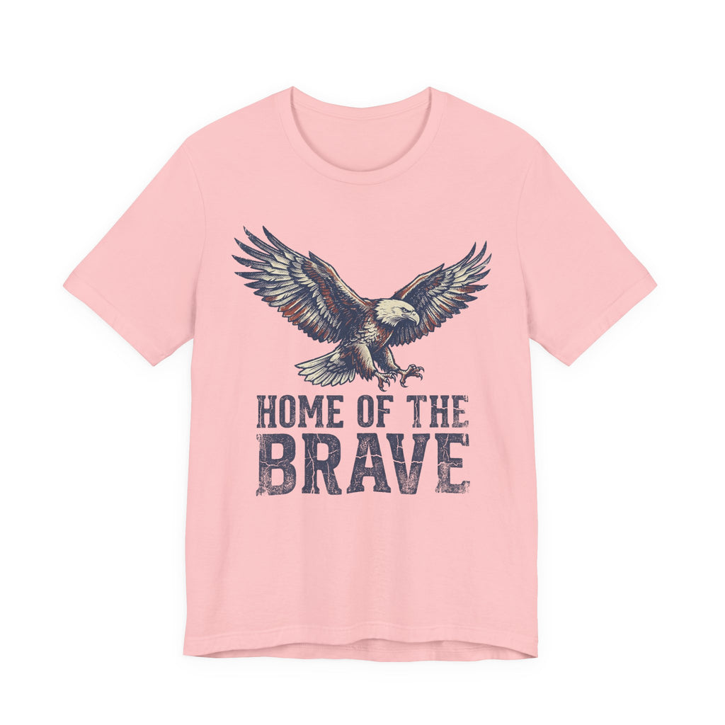 Pink T-shirt with flying bald eagle graphic and 'HOME OF THE BRAVE' print