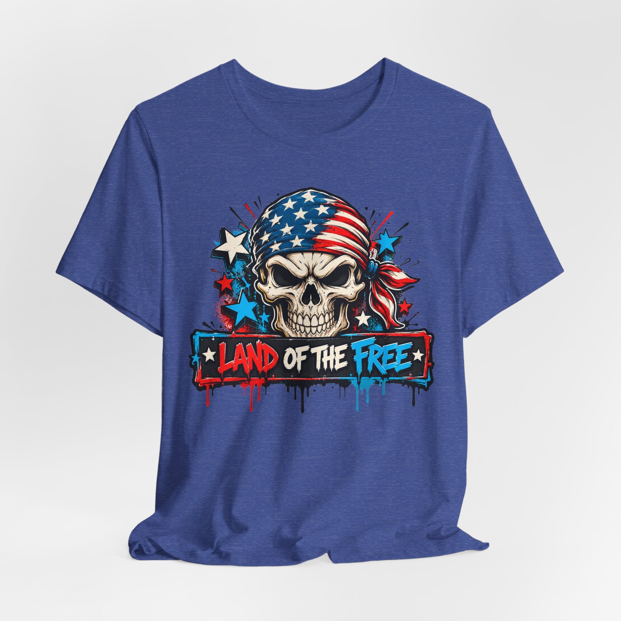 Blue crew-neck T-shirt with patriotic skull and “Land of the Free” graphic.