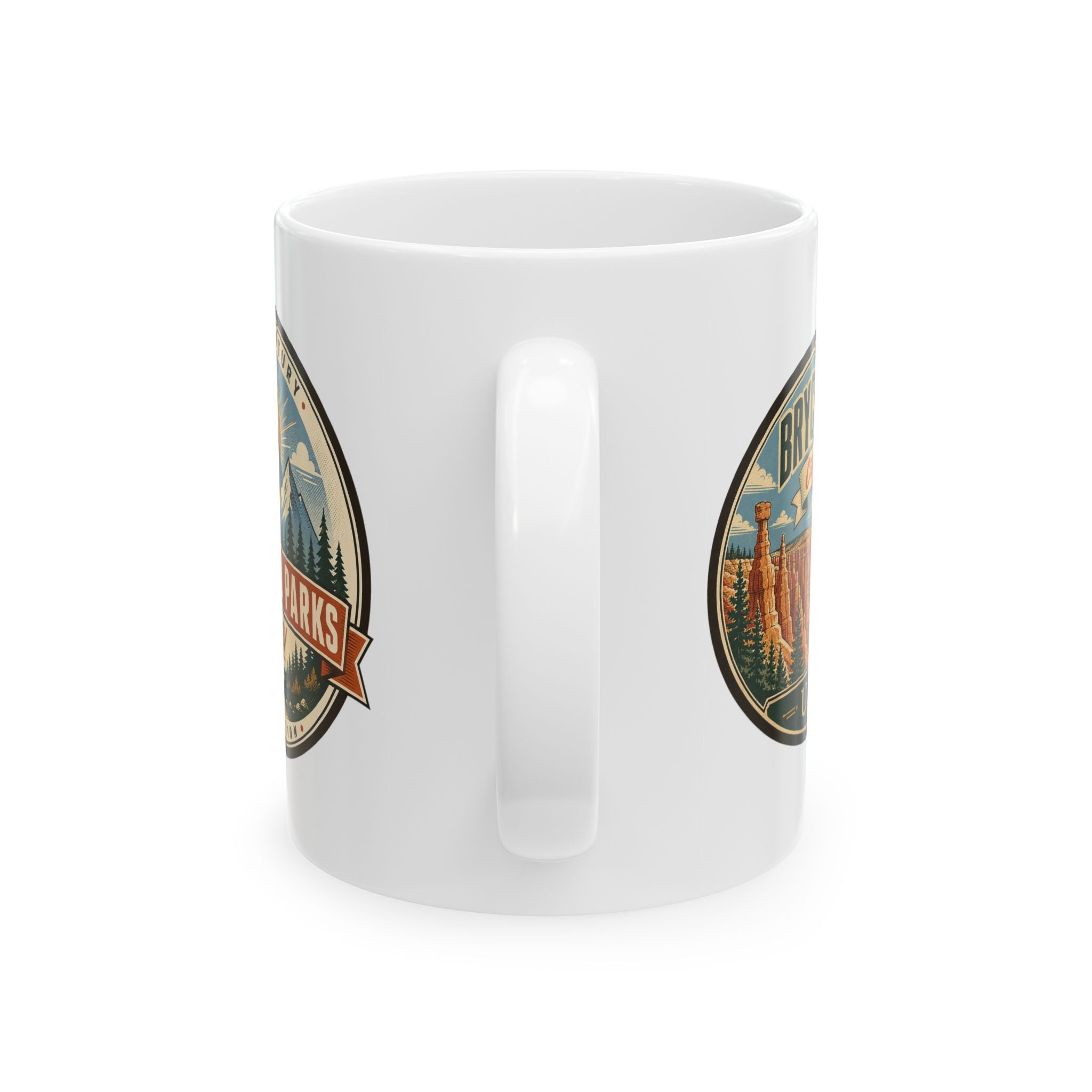 White ceramic mug showing central handle and Bryce Canyon logo on both sides