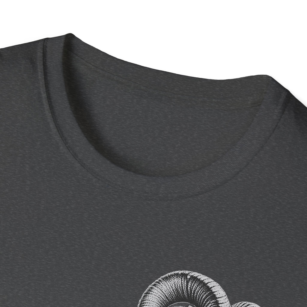 Charcoal gray crewneck t-shirt neckline close-up with partial bighorn sheep print