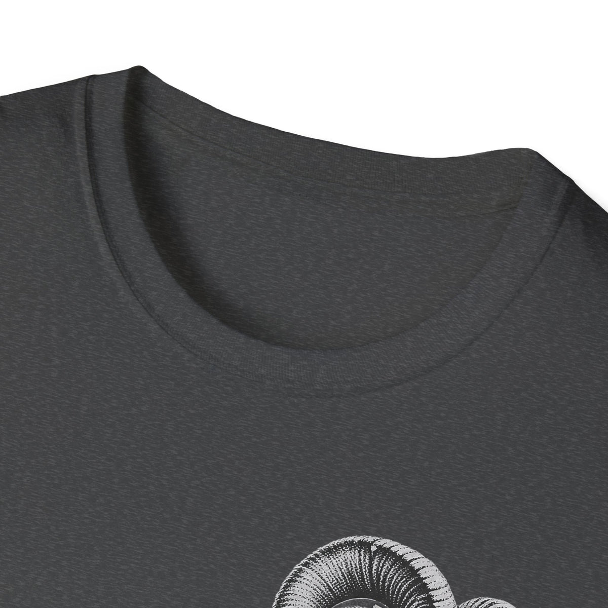 Charcoal gray crewneck t-shirt neckline close-up with partial bighorn sheep print
