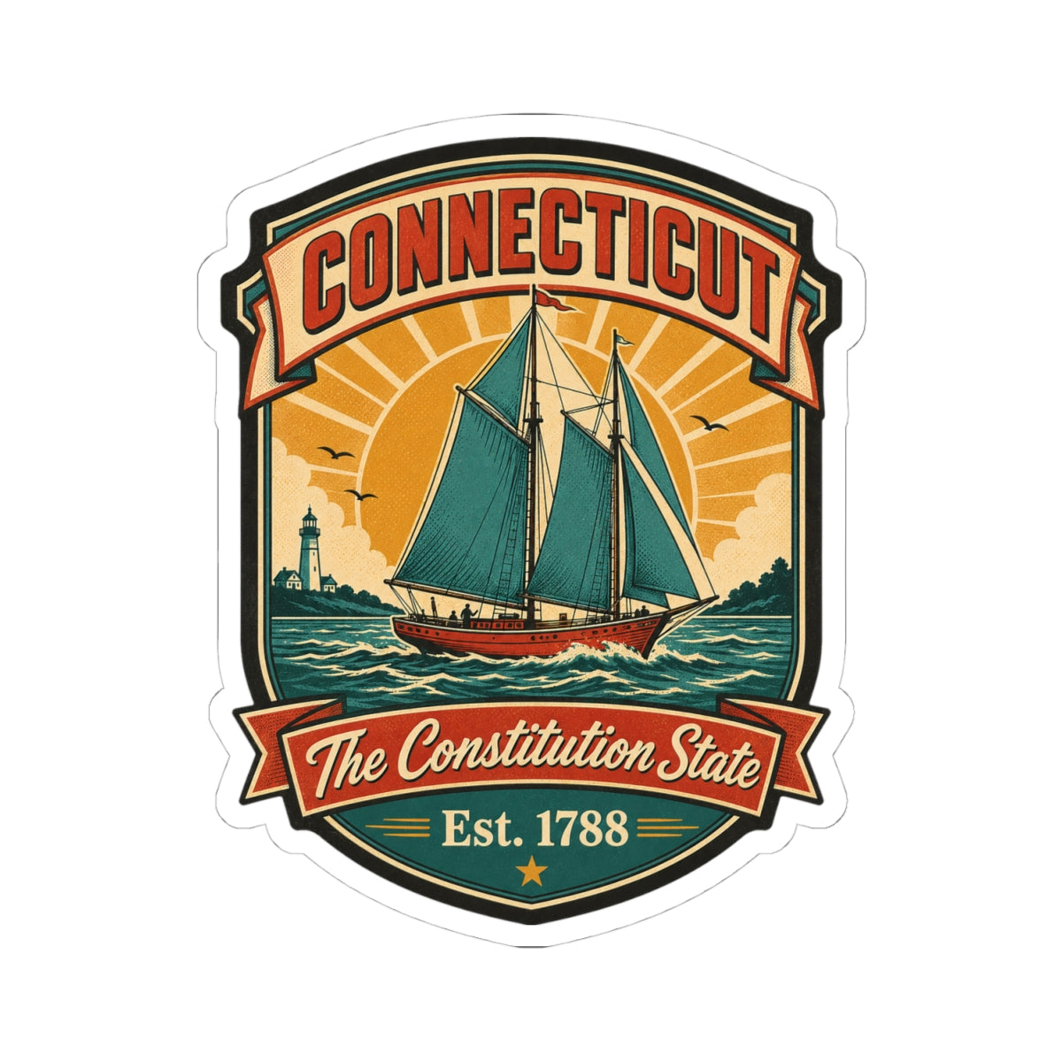 Kiss-cut Connecticut shield sticker showing sailing ship and Est. 1788, The Constitution State