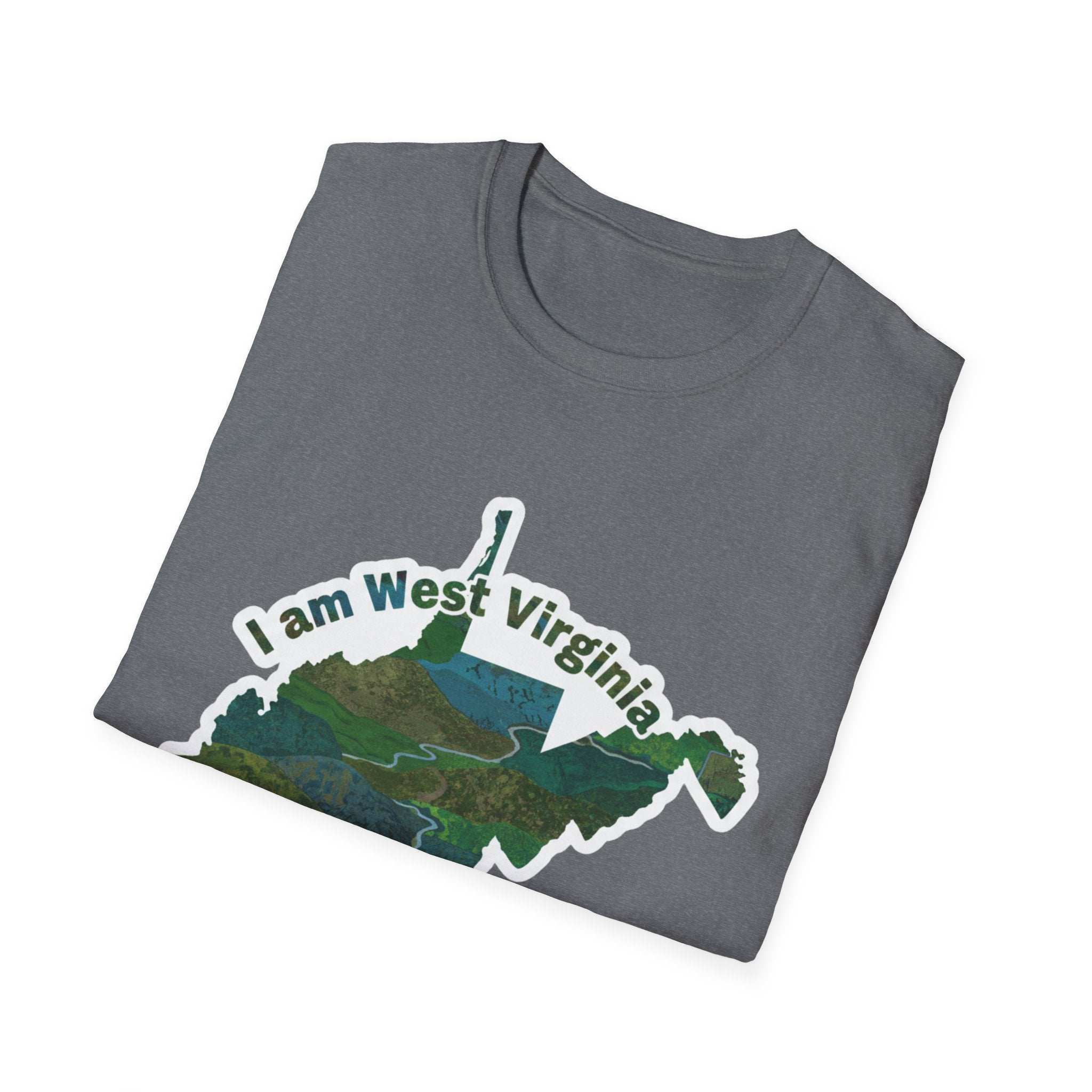 I Am West Virginia T-shirt in Sport Grey with map and nature scene graphic