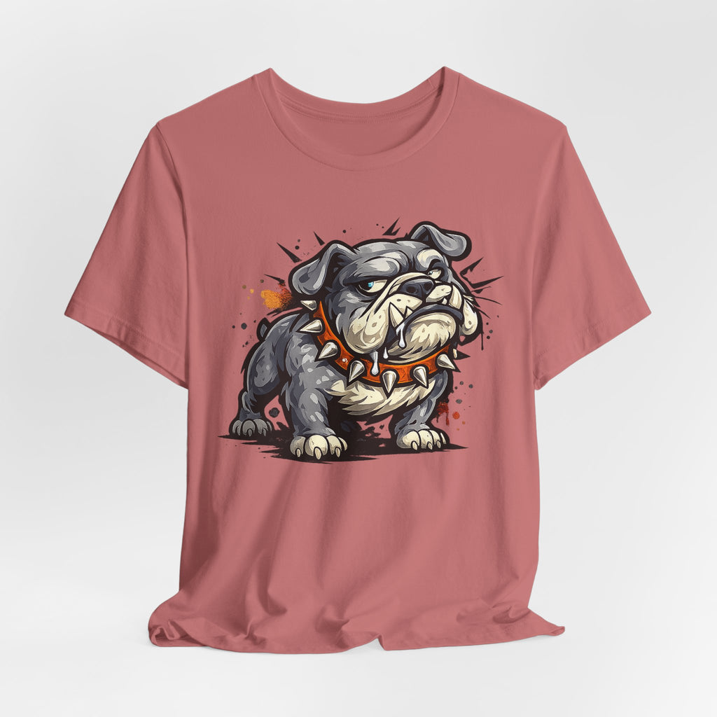 Dusty rose t-shirt with snarling bulldog graphic with orange and gray details