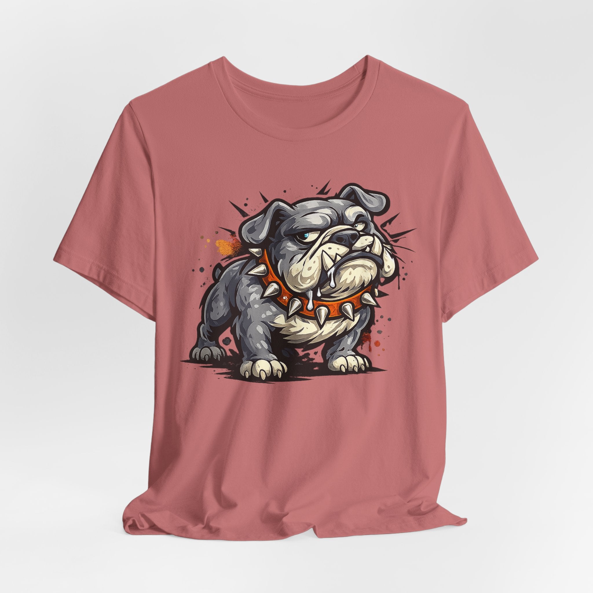 Dusty rose t-shirt with snarling bulldog graphic with orange and gray details