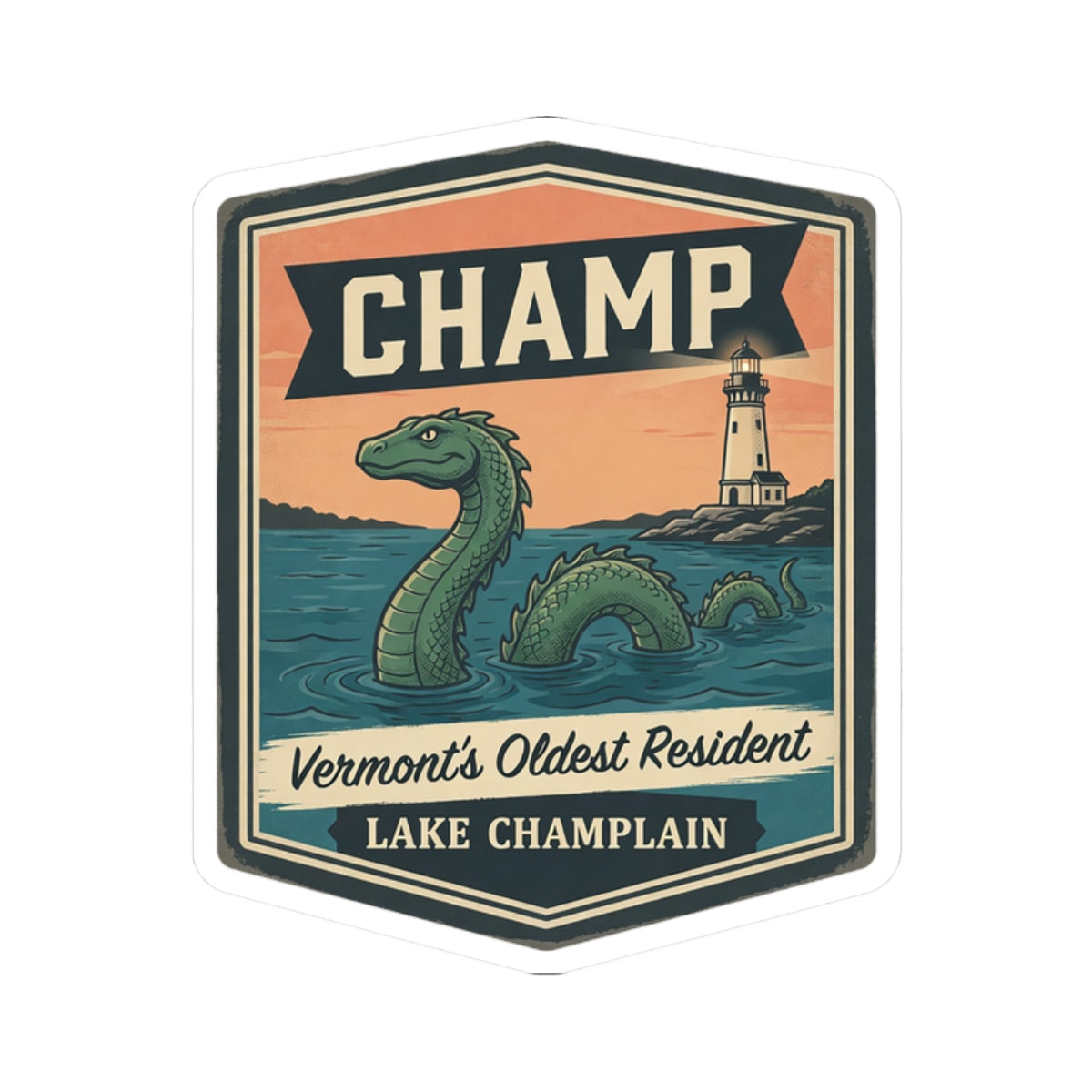 Vintage CHAMP sticker featuring a green sea serpent, lighthouse, and “LAKE CHAMPLAIN” text