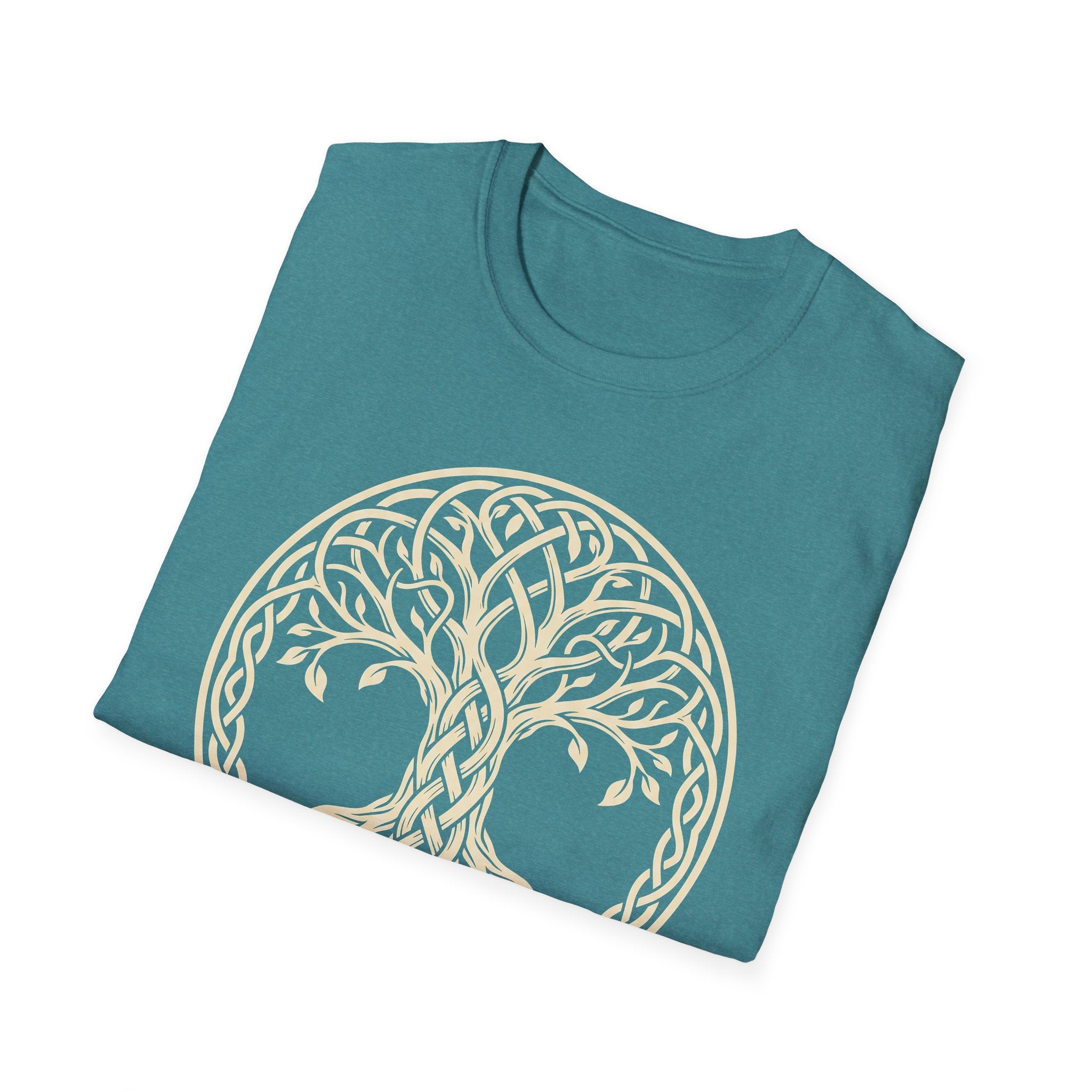 Teal T-shirt with gold Celtic tree of life graphic in knotwork circle