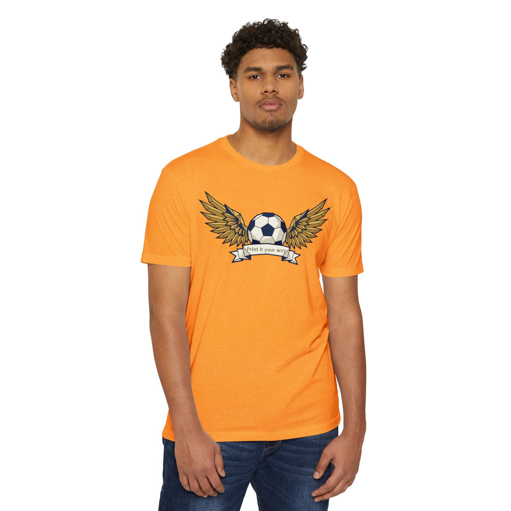 Unisex soccer t-shirt in bright orange with winged soccer ball front graphic.