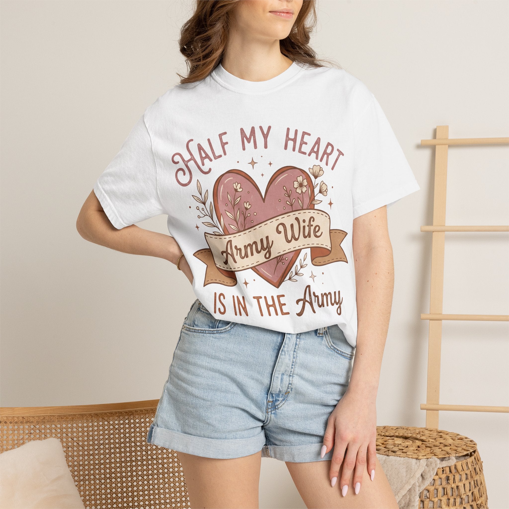 White T-shirt with “Half My Heart” and “Army Wife” heart graphic