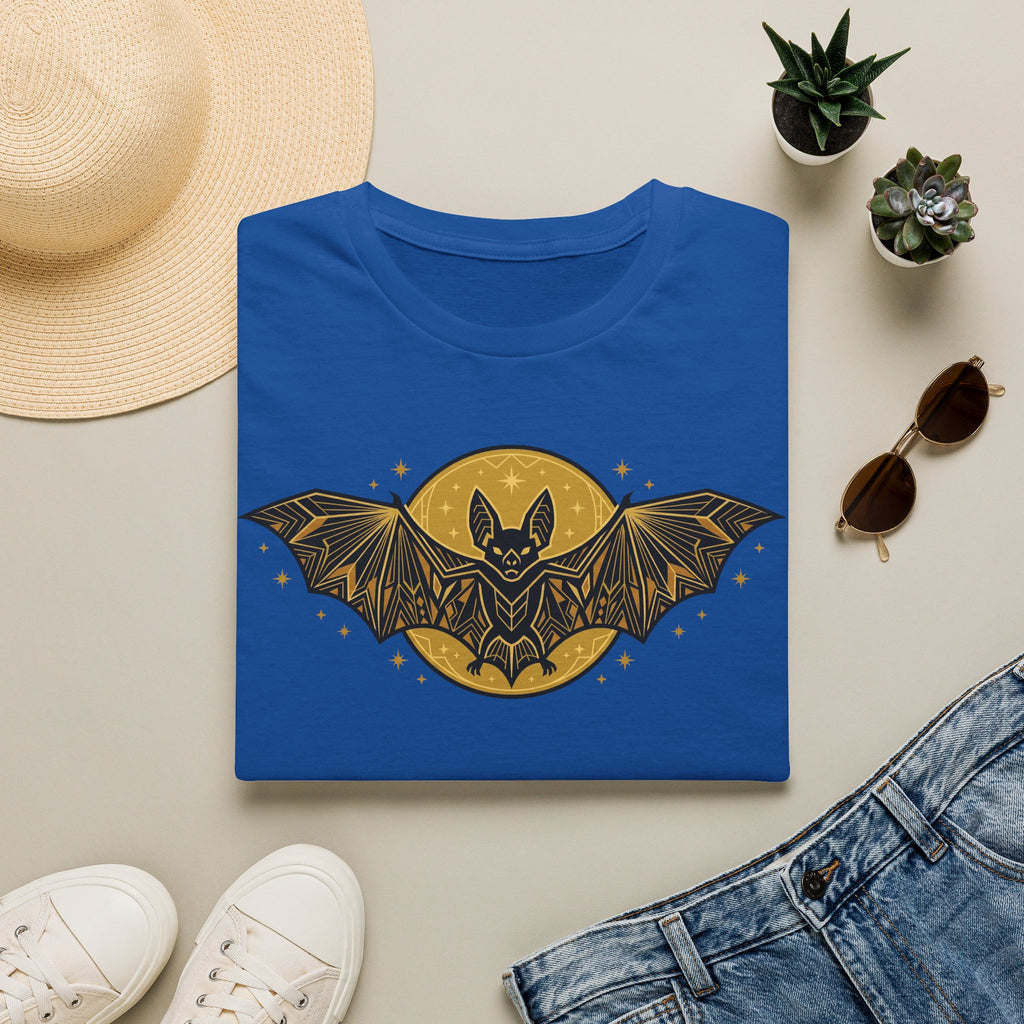 Royal blue graphic T-shirt with gold bat moon and winged stars