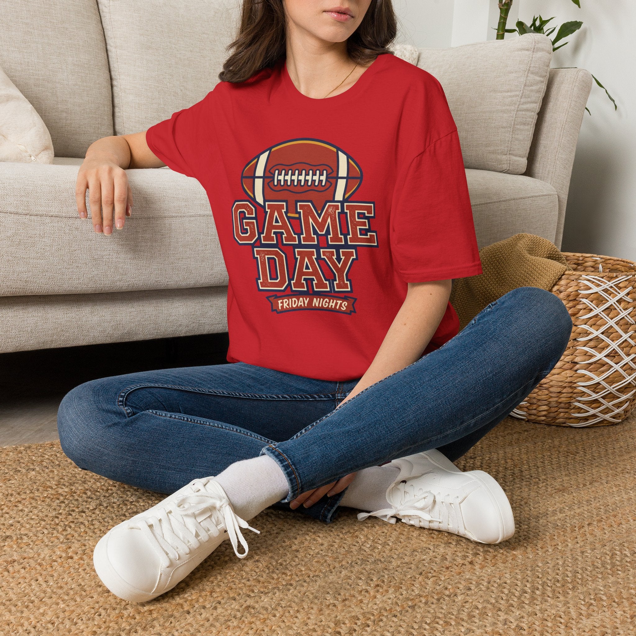 Red Game Day football T-shirt with “GAME DAY” football graphic and “FRIDAY NIGHTS”