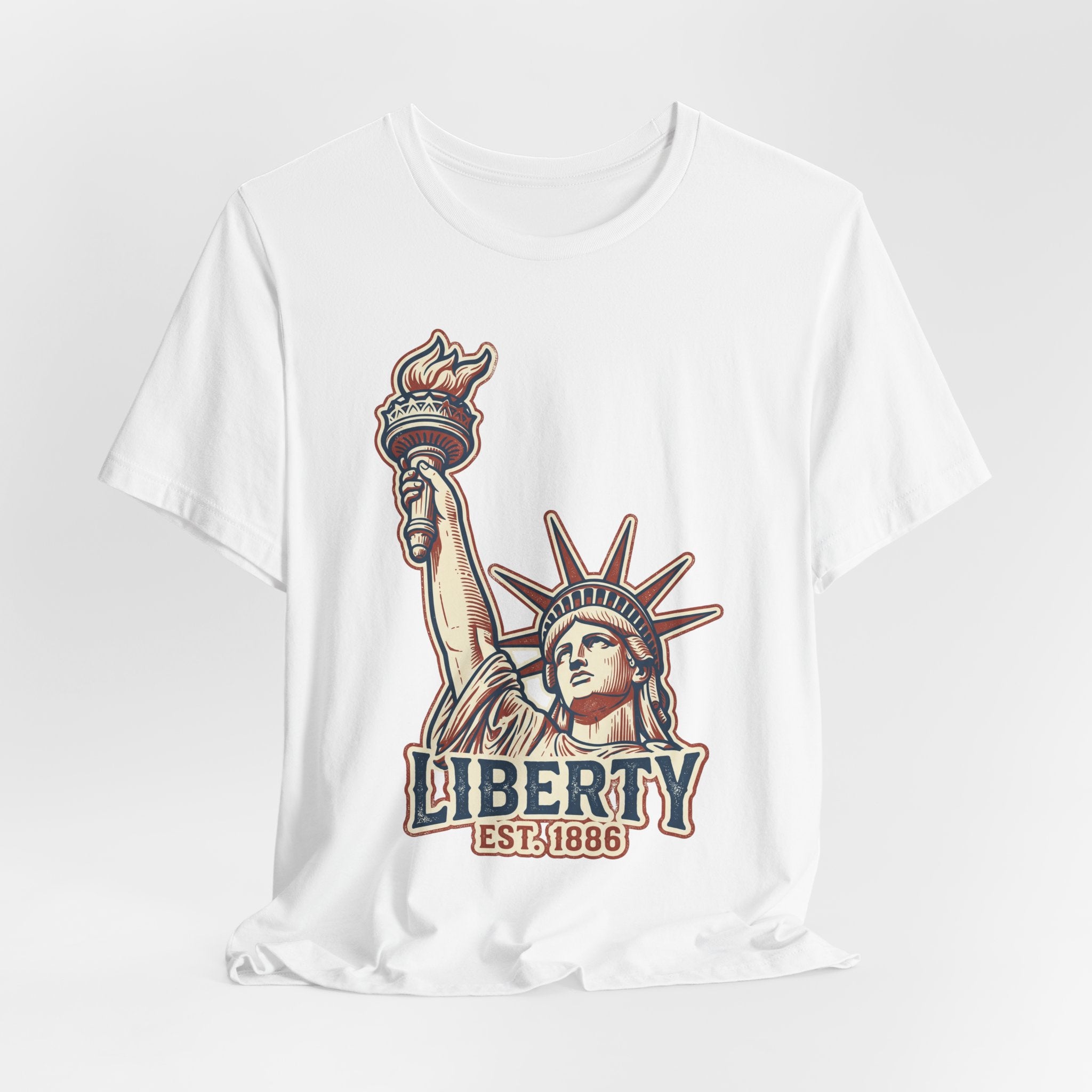 White graphic tee with Liberty statue illustration and 'LIBERTY EST.1886' text