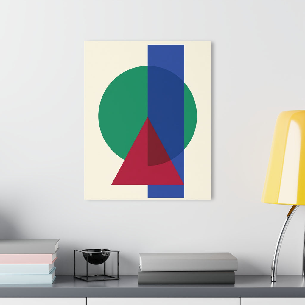 Small framed geometric artwork: green circle, blue vertical rectangle, and red triangular form.