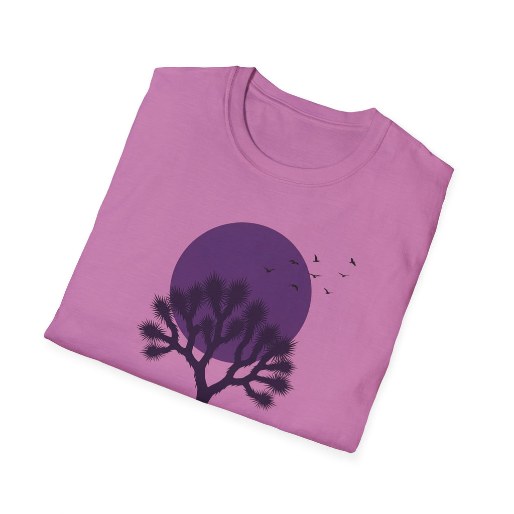 Light pink T-shirt featuring Joshua tree silhouette under a large moon graphic