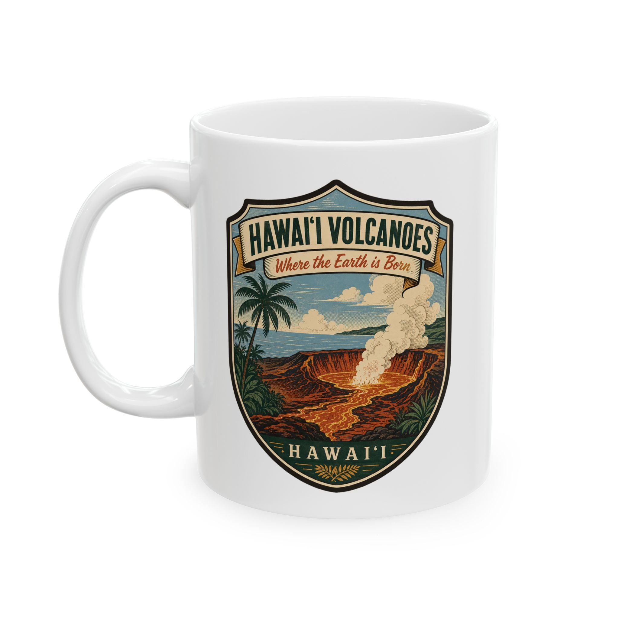 White ceramic mug with Hawaii Volcanoes shield illustration and slogan