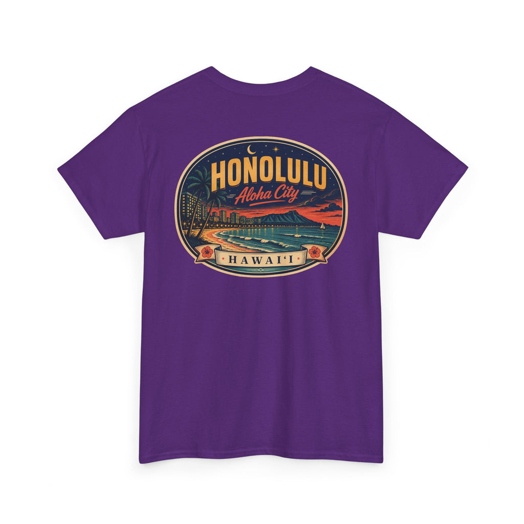 Purple T-shirt with circular HONOLULU Aloha City graphic on front