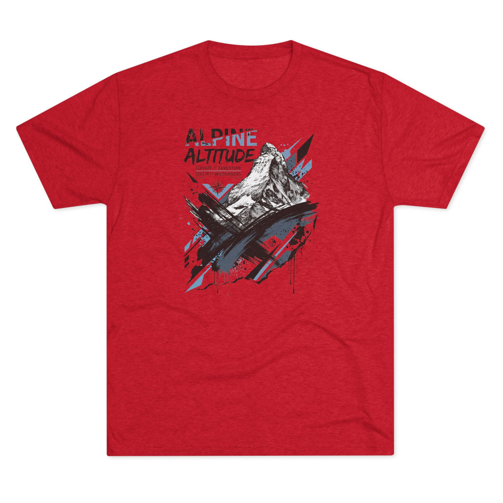 Red crew-neck T-shirt with Alpine Altitude mountain peak graphic on front