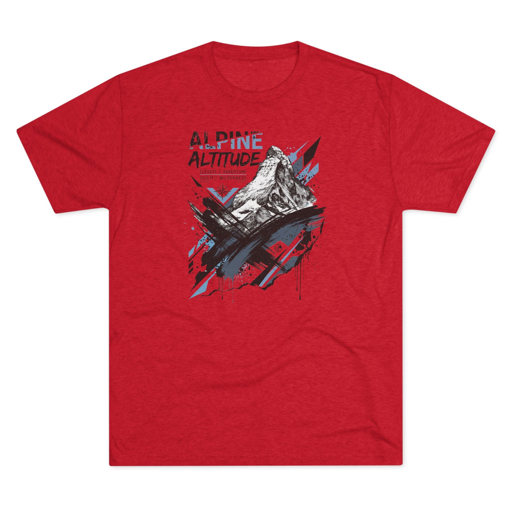 Red crew-neck T-shirt with Alpine Altitude mountain peak graphic on front