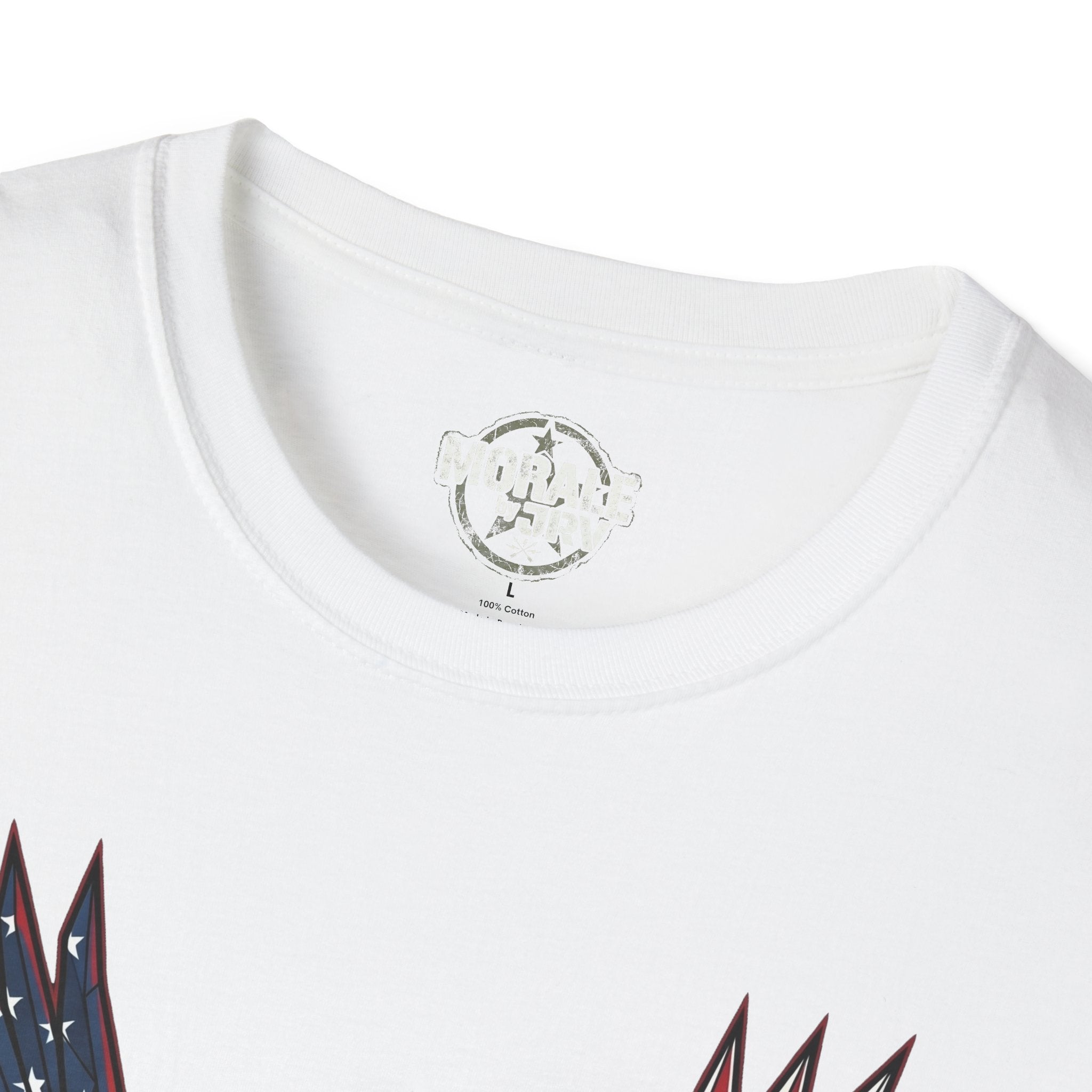 White crew-neck T-shirt label on collar