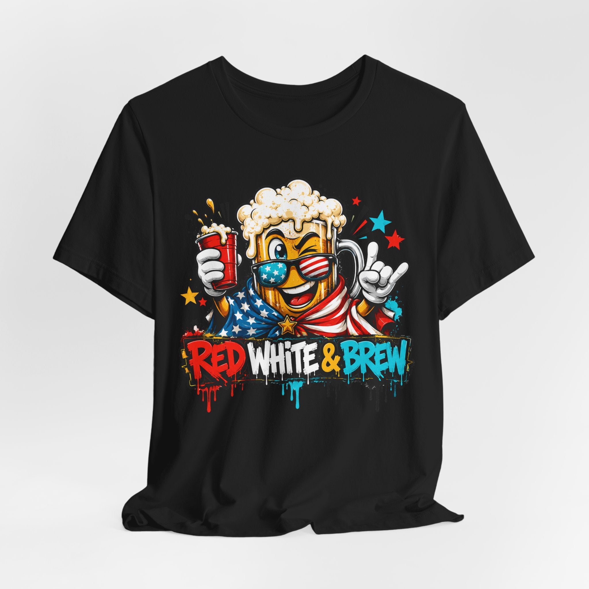 Black crewneck T-shirt with beer mascot graphic and “Red White & Brew” text at center.
