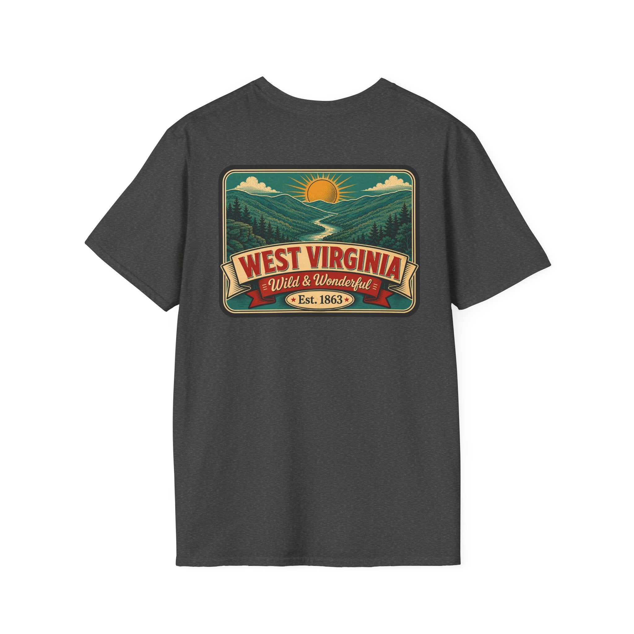 Dark gray West Virginia “Wild & Wonderful” graphic t-shirt, Est. 1863 badge.